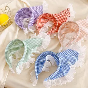 Pastoral Style Checkered Bandana Headband With Lace Ruffles Women Girls Fabric Hair Band Floral Headwrap For Photography