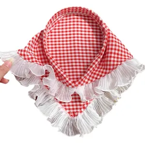 Pastoral red and white plaid pet bandana with elegant white lace trim on white background
