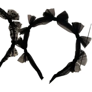 Fashionable black lace tulle bow headband for women featuring multi-layered mesh design