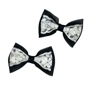 Elegant French lace bow hair clip set with black mesh and white floral embroidery