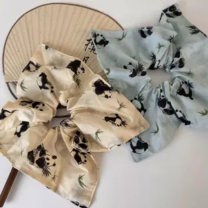 Chinesischer Nationaler Trend Panda Bambusblatt Satin Scrunchies Tuschmalerei Große Haargummis Für Damen Haarschmuck