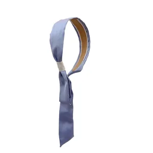 Elegant lavender satin headband with long flowing ribbons and non-slip inner lining