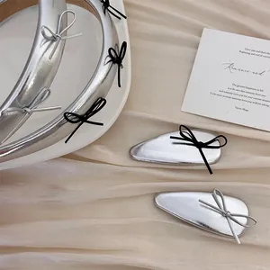 Silver leather headband and hair clip set with elegant black and silver ribbon bows