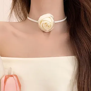 Elegant cream white fabric rose choker necklace with thin cord for a chic vintage look