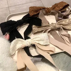 French Retro Large Bow Hair Clip With Long Streamer Elegant Lace Satin Spring Clip Hair Accessories For Women Ponytail Decoration