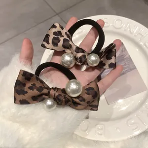 Vintage leopard print bow hair scrunchies with white pearls and elastic band