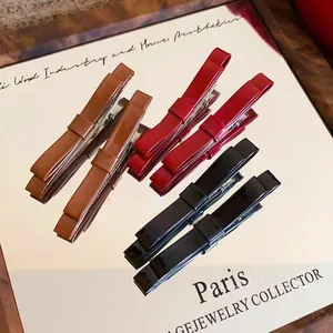 Simple Fashion Double Layer Bow Hair Clips Faux Leather Patent Look Duckbill Clips Elegant Commuting Accessories For Women
