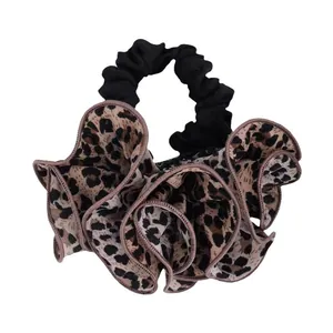 Chouchou fleur géant à motif léopard avec volants en tissu doux pour femmes