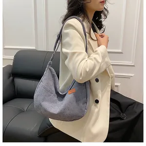 Grey corduroy shoulder bag for women, casual hobo tote bag, stylish daily casual handbag.
