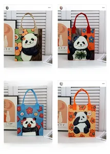 Detailed grid display of panda felt tote bags in khaki orange blue and yellow colors