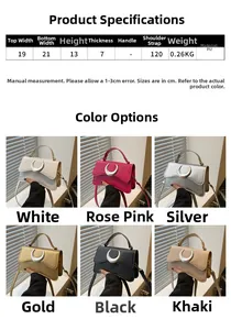 Guide des tailles pour sac bandoulière en cuir PU avec dimensions et coloris variés