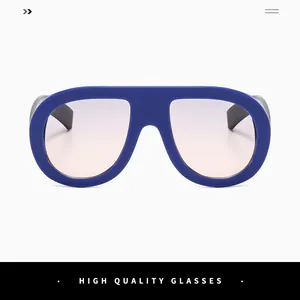Detail of oversized dark blue frame sunglasses with purple gradient lenses on white backdrop