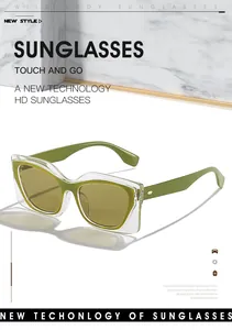 Détail de lunettes soleil œil-de-chat avec monture double couche verte et verres HD