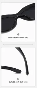 Detail view of comfortable nose pads and curved anti-slip legs on black sunglasses