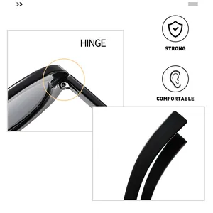 Detail view of durable metal hinge and smooth black polished temple for sunglasses