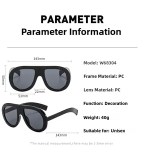 Detailed size specifications and PC material dimensions for oversize stylish sunglasses