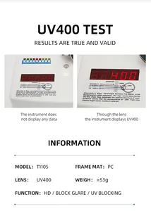 UV400 protection test showing high-definition glare blocking and technical specifications