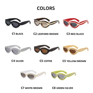 Detailed catalog of cat eye sunglasses in eight colors including leopard and neon green