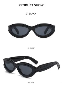 Front and 45-degree angle views of vintage black cat-eye sunglasses with dark lenses