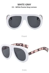 Front and side view of white frame oversized aviator sunglasses with gray lenses