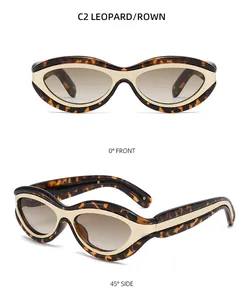 Detailed front and 45-degree side views of leopard print cat-eye sunglasses