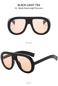 Front and side view of oversized black sunglasses with translucent light tea lenses