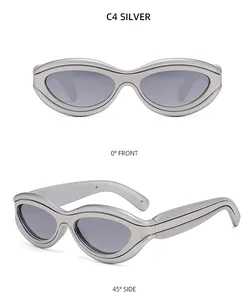 Front and 45-degree side views of futuristic silver cat-eye sunglasses with dark grey lenses