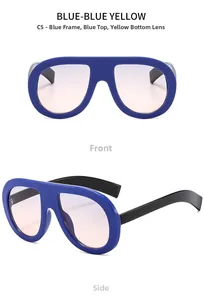 Front and side view of large blue frame sunglasses with blue and yellow gradient lenses
