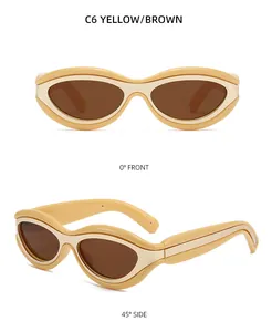 Fashionable cat eye sunglasses in yellow frame with dark brown lenses for men and women