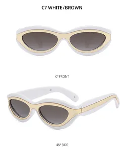 Front and 45-degree side views of white and gold wavy frame cat-eye sunglasses