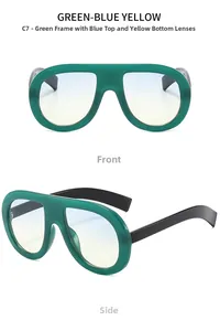 Detail view of large green frame sunglasses with blue-yellow gradient lenses in model C7