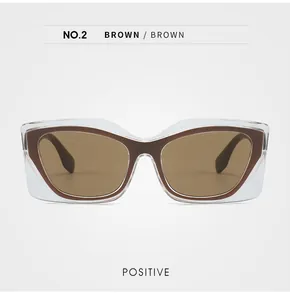 Vue détaillée de face des lunettes de soleil œil-de-chat brunes avec monture carrée
