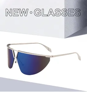 Close-up of shield sunglasses with blue mirrored lenses and slim silver metal frames