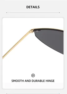 Macro view of smooth durable golden metal hinges on oversized rimless sunglasses
