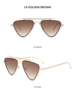 Vues de face et de côté à 45 degrés des lunettes de soleil triangle dorées et marron