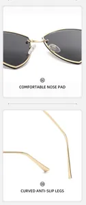 Close-up of golden metal bridge, soft nose pads and curved anti-slip temples of sunglasses