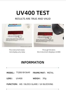 UV400 testing display for metal frame sunglasses showing HD lens and anti-glare data