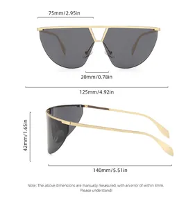 Detailed size specifications for oversized gold frame sunglasses with gray tinted lenses