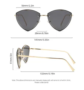 Detailed size specifications for metal triangle rimless sunglasses with hip-hop style