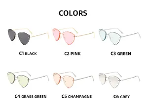 Close-up of rimless triangle sunglasses in six trendy colors with slim metal temples