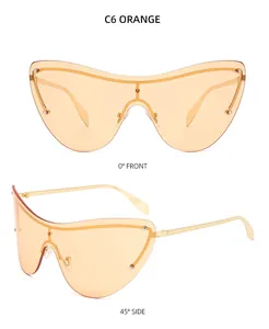 Vue frontale et latérale des lunettes de soleil orange sans monture avec branches dorées