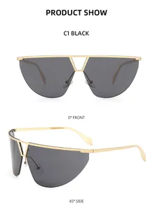 Front and 45-degree side views of C1 black shield sunglasses with gold metal frame