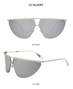 Front and side view of silver shield sunglasses with large frame and reflective lenses
