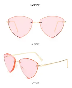 Pink rimless triangle sunglasses with gold metal frame and cat-eye lens details