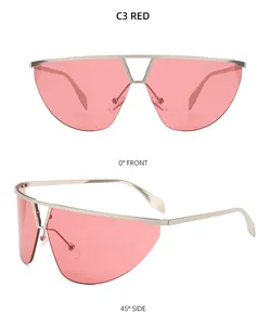 Front and 45-degree side views of C3 Red rimless oversized shield sunglasses with silver frame
