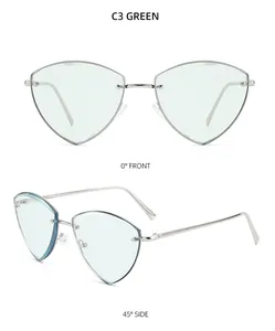 Green rimless heart sunglasses with thin silver metal temples in front and side views