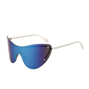 Lunettes de soleil polarisées sans monture avec verres miroirs bleus et branches argentées