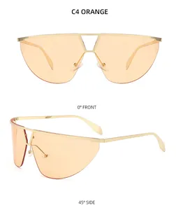 Front and side views of orange oversized sunglasses with gold metal frame accents