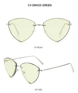 Detailed front and side views of rimless triangle sunglasses in C4 grass green tint