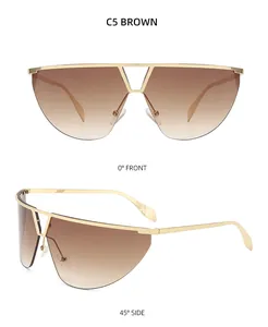 Front and side views of brown gradient shield sunglasses with gold metal temples